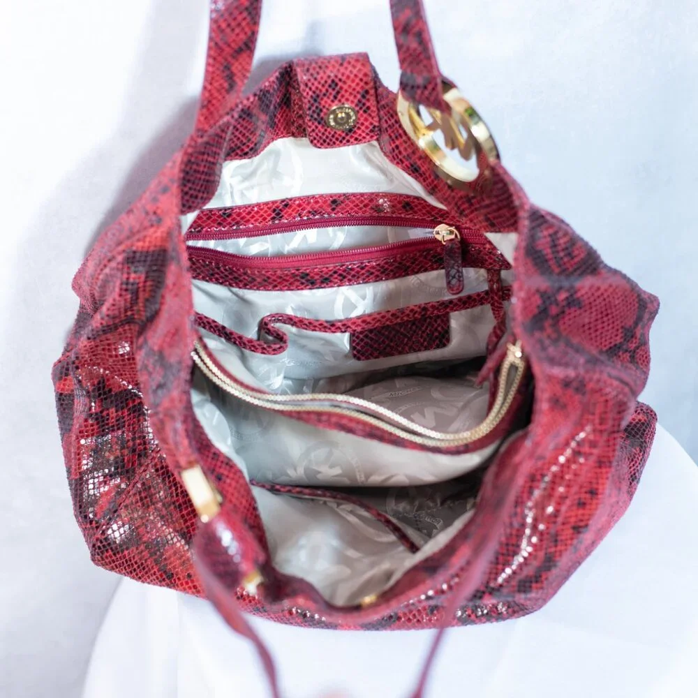 Michael Kors Fulton East-West Tote Red Python Embossed Leather Bag Large